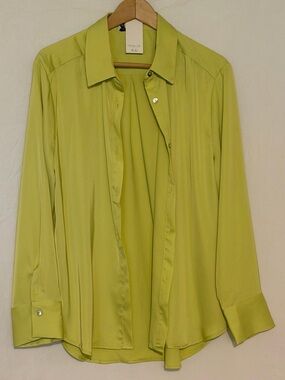 NWT Rachel Zoe Chartreuse Lime Green Satin Long Sleeve Button Down Blouse